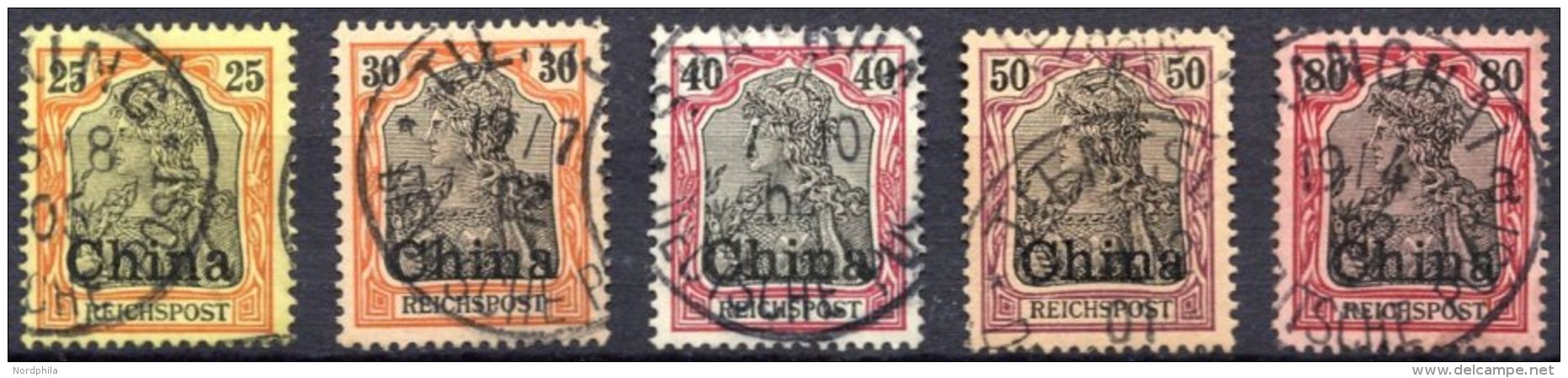 DP CHINA 19-23 O, 1901, 25 - 80 Pf. Reichspost, 5 Prachtwerte, Mi. 74.- - Chine (bureaux)