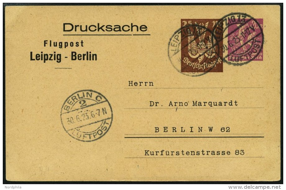 LUFTPOST-GANZSACHEN LPP 81-013 BRIEF, 30.6.1923, 25 Mark Braun Neben 20 Mark Lila Drucksache, Leipzig - Berlin, Prachtka - Avions