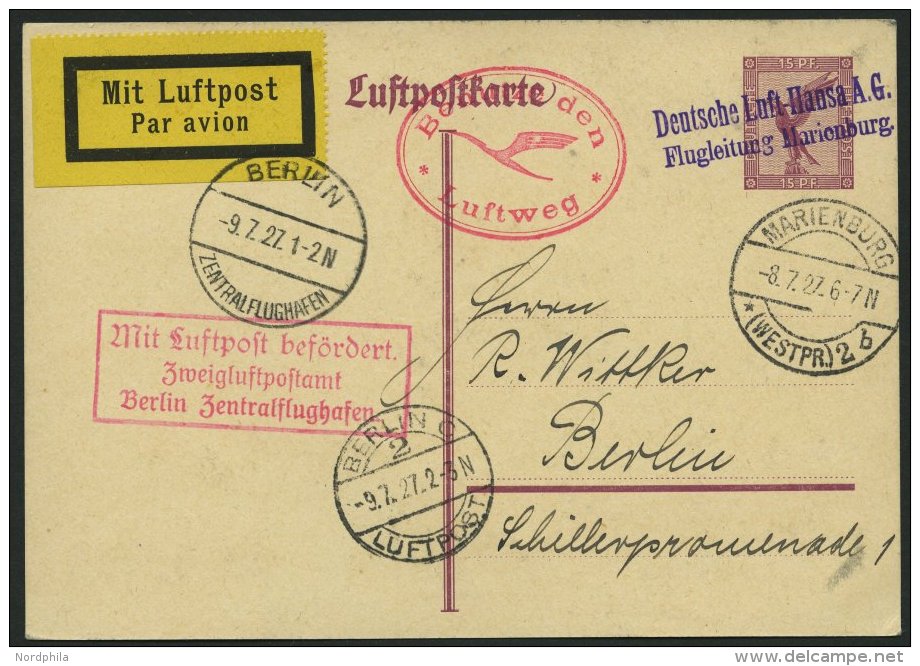 FLUGLEITUNGSSTEMPEL 42/01/a BRIEF, 1927, MARIENBURG, Violetter L2 Und Zusätzlicher Roter Ovalstpl. Benutze Den Luft - Avions