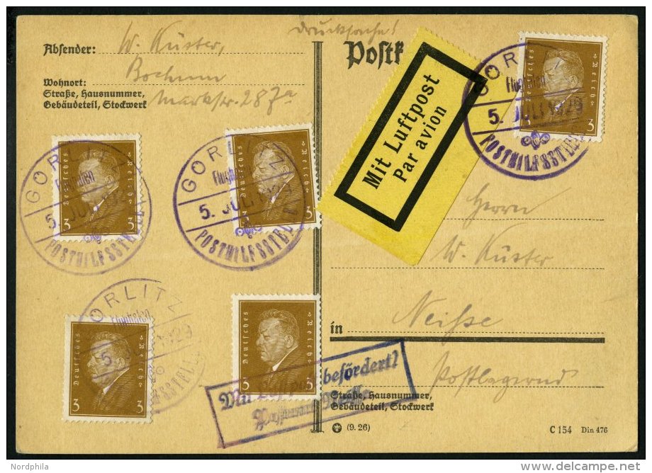 FLUGPLATZ, FLUGHAFENSTPL 28-03b BRIEF, Görlitz Posthilfsstelle Flughafen, 1929, Violetter Datum-Gummistempel Auf Dr - Avions