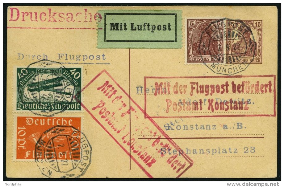 SPÄTERE FLÜGE (SPF) 21.7.01 BRIEF, 2.9.1922, München-Konstanz, Prachtkarte - Avions