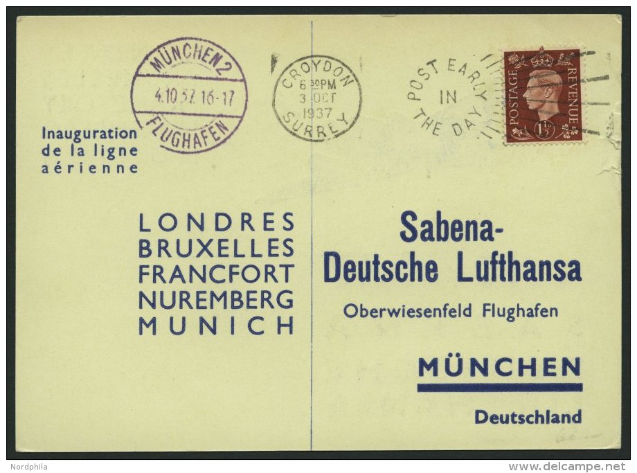ERST-UND ERÖFFNUNGSFLÜGE 37.8.03 BRIEF, 4.10.1937, London-München, Karte Feinst - Zeppelins