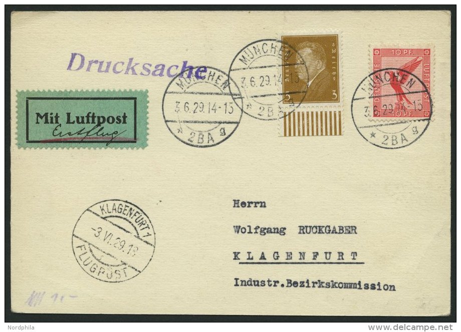 ERST-UND ERÖFFNUNGSFLÜGE 29.18.02 BRIEF, 3.6.1929, München-Klagenfurth, Prachtkarte - Zeppelins