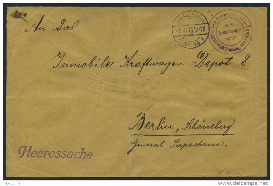 PIONIERFLUGPOST 1909-1914 K.D. FELDPOSTSTATION Nr. 16, 7.10.16, Auf Heeressache Mit Violettem K2 Luftschiffhafen Szentan - Avions