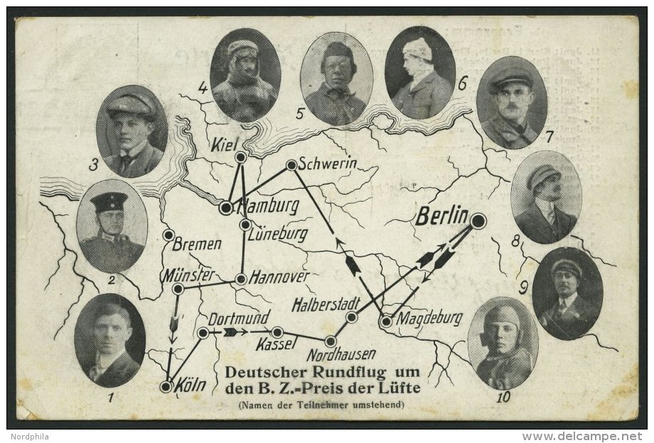 PIONIERFLUGPOST 1909-1914 30.10.13, Ansichtskarte Deutscher Rundflug Um Den B.Z.-Preis Der Lüfte (Namen Der Teilneh - Avions