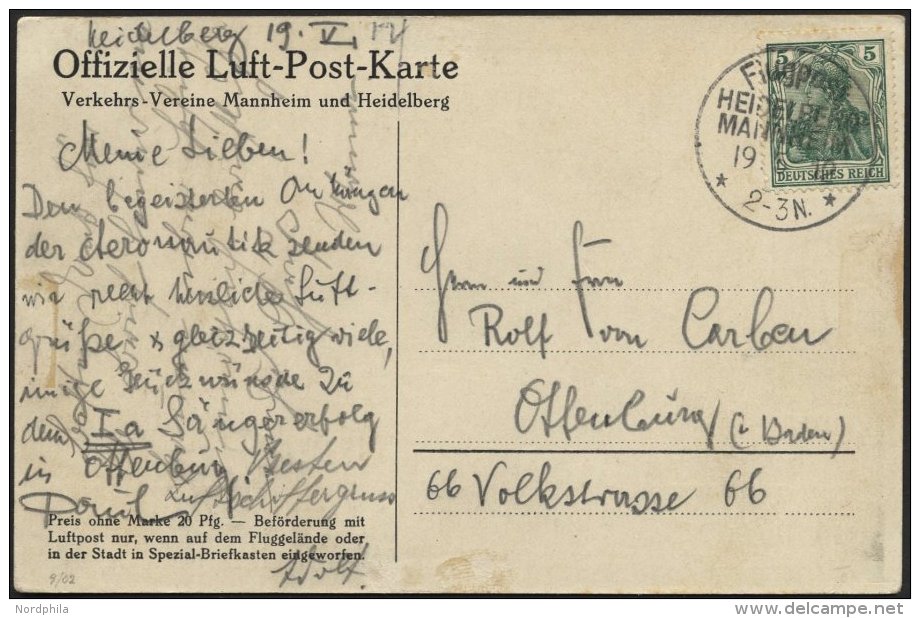 PIONIERFLUGPOST 1909-1914 9/02 BRIEF, 19.5.1912, Heidelberg-Mannheim, Sonderstempel, Minimal Fleckige Prachtkarte - Avions