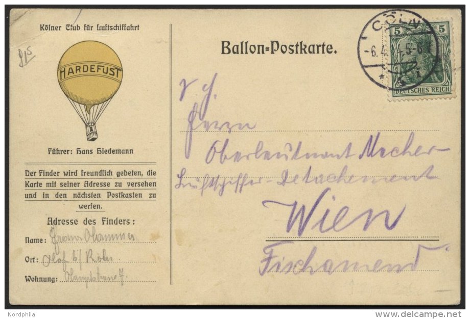 BALLON-FAHRTEN 1897-1916 5.4.1914, Kölner Club Für Luftschiffahrt, Abwurf Vom Ballon HARDEFUST, Postaufgabe In - Montgolfières