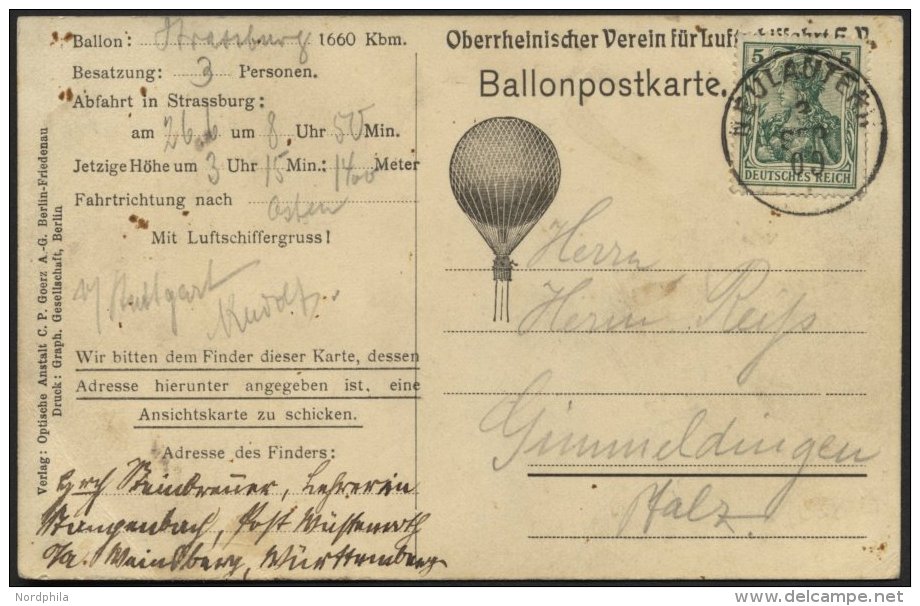 BALLON-FAHRTEN 1897-1916 26.6.1909, Oberrheinischer Verein Der Luftschiffahrt Strassburg, Abwurf Vom Ballon STRASSBURG M - Montgolfières