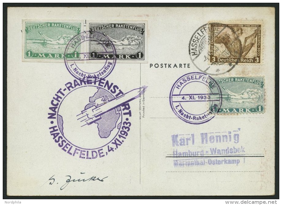 RAKETENPOST 3C1a BRIEF, 4.11.1933, Raketen-Nachtflug Aus Hasselfelde, Frankiert Vorderseitig Mit 3 Raketenmarken (2 Unge - Autres & Non Classés