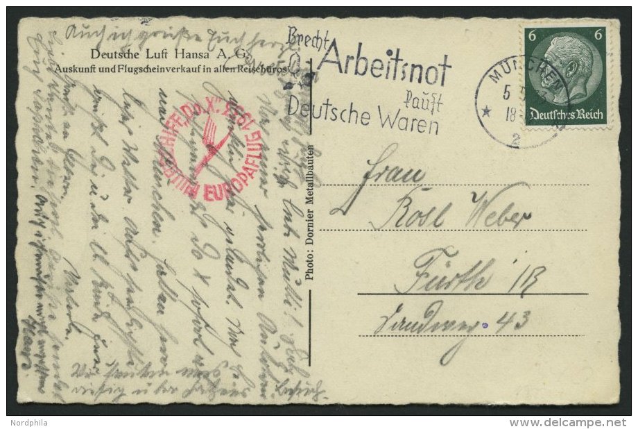DO-X LUFTPOST 05.05.1933, Roter Stempel Flugschiff DO X Europaflug Auf Fotokarte Mit 6 Pf. Hindenburg Von MÜNCHEN N - Lettres & Documents