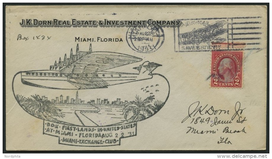 DO-X LUFTPOST 54.USA BRIEF, 22.08.1931, Erinnerungsbeleg Aufgabe Miami Zur DO X Landung In Den USA, Mit Durchgezogenem H - Lettres & Documents