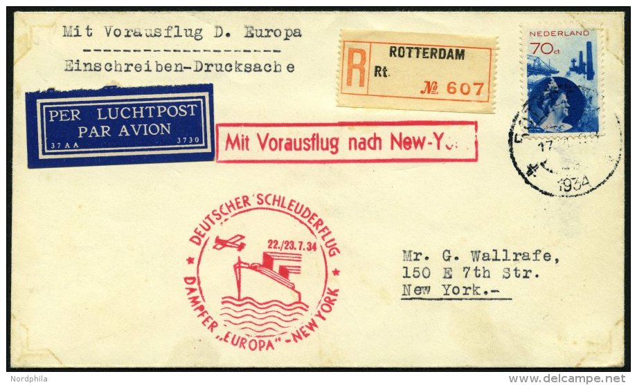 KATAPULTPOST 167Nl BRIEF, Niederlande: 22.7.1934, &amp;quot,Europa&amp;quot, - New York, Einschreib-Drucksache, Brief Fe - Lettres & Documents