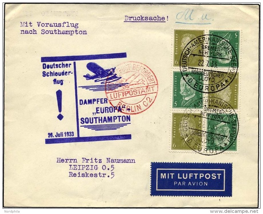 KATAPULTPOST 131c BRIEF, 25.7.1933, Europa - Southampton, Deutsche Seepostaufgabe, Zusammendruck-Frankatur, Drucksache, - Lettres & Documents