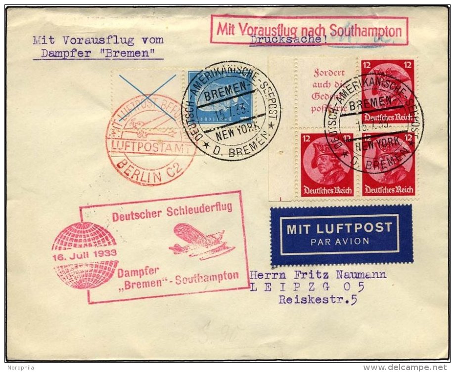 KATAPULTPOST 128c BRIEF, 16.7.1933, Bremen - Southampton, Deutsche Seepostaufgabe, Frankiert U.a. Mit S 40, Drucksache, - Lettres & Documents