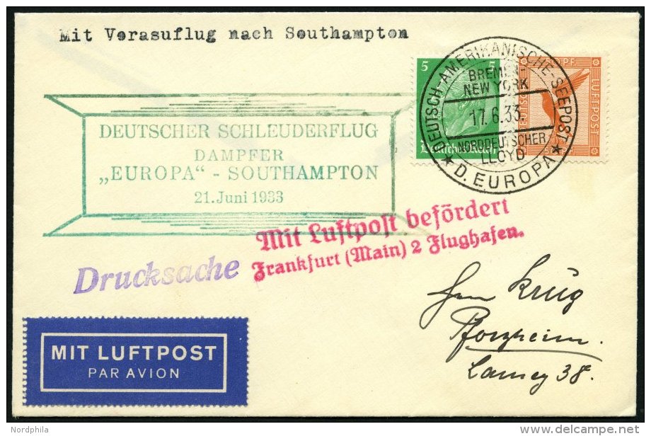 KATAPULTPOST 122c BRIEF, 21.6.1933, &amp;quot,Europa&amp;quot, - Southampton, Deutsche Seepostaufgabe, Drucksache, Prach - Lettres & Documents