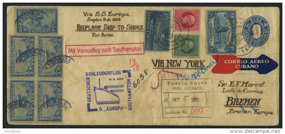 KATAPULTPOST 107Cu BRIEF, Cuba: 13.9.1932, Europa - Southampton, Nachbringeflug, Ganzsachenumschlag Mit Zweiländerf - Lettres & Documents