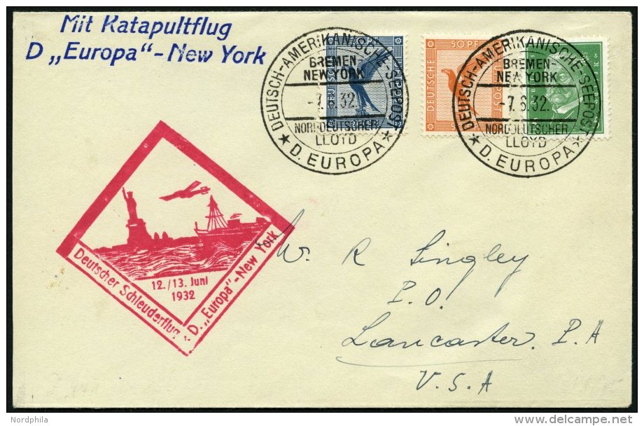 KATAPULTPOST 85b BRIEF, 12.6.1932, &amp;quot,Europa&amp;quot, - New York, Seepostaufgabe, Prachtbrief - Lettres & Documents