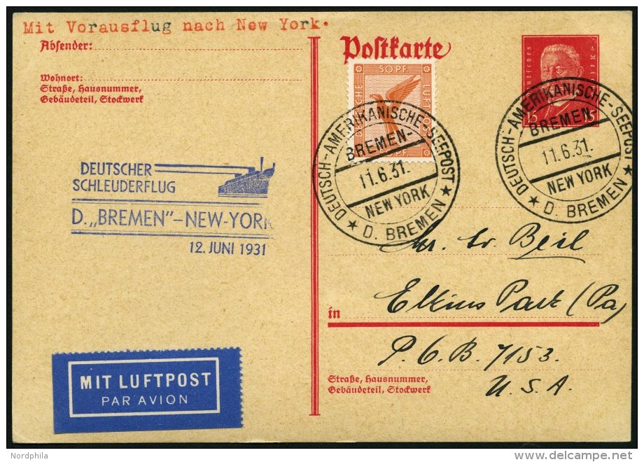 KATAPULTPOST 48b BRIEF, 12.6.1931, &amp;quot,Bremen&amp;quot, - New York, Seepostaufgabe, Auf 15. Pf. Hindenburg-Ganzsac - Lettres & Documents