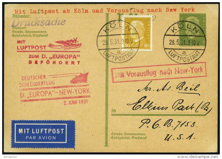KATAPULTPOST 45c BRIEF, 2.6.1931, Europa - New York, Nachbringe- Und Schleuderflug, Auf 5 Pf. Hindenburg - Ganzsachenkar - Lettres & Documents