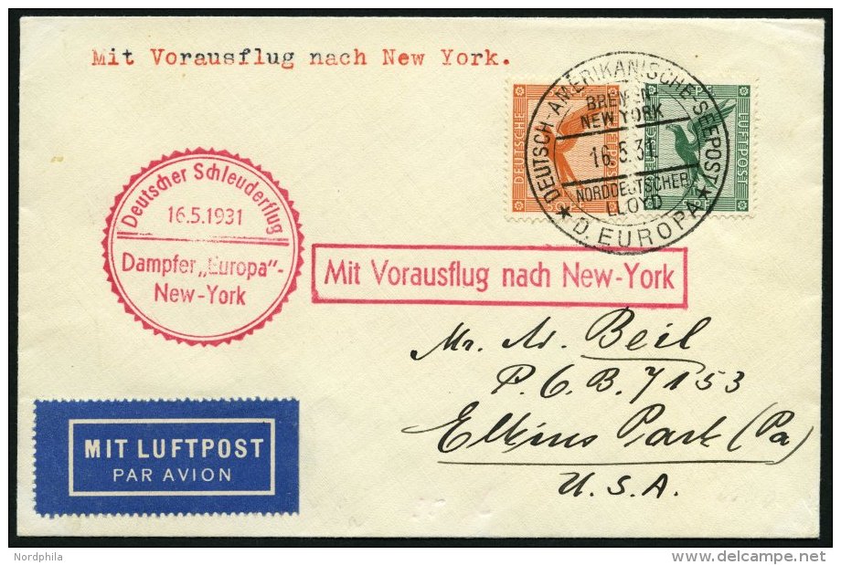 KATAPULTPOST 41b BRIEF, 16.5.1931, &amp;quot,Europa&amp;quot, - New York, Seepostaufgabe, Prachtbrief - Lettres & Documents