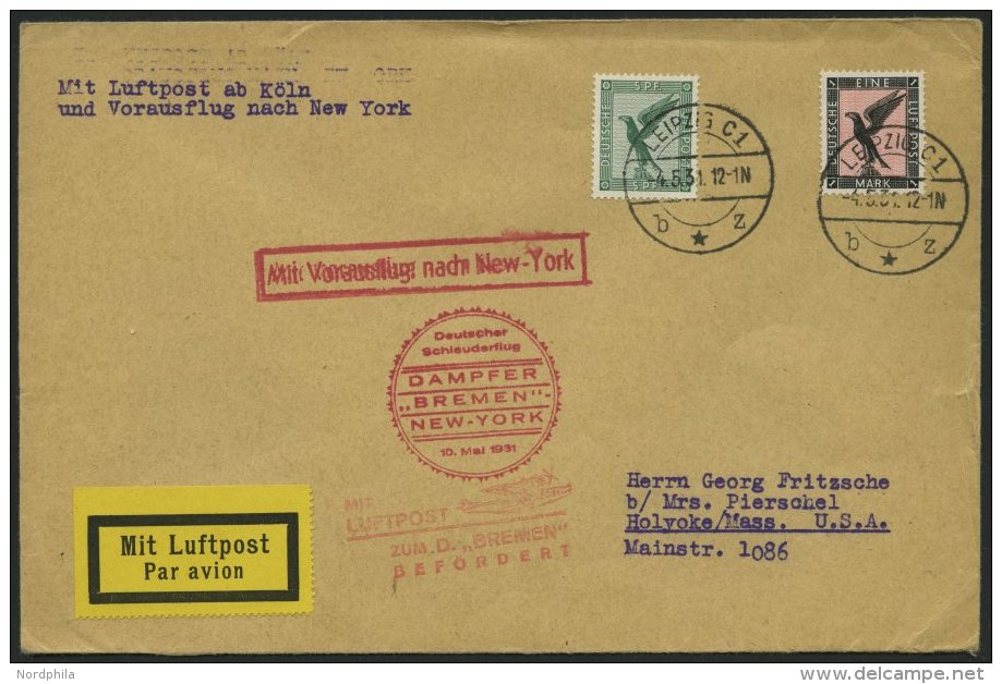 KATAPULTPOST 40c BRIEF, 10.5.1931, Bremen - New York, Nachbringe- Und Schleuderflug, Prachtbrief - Storia Postale