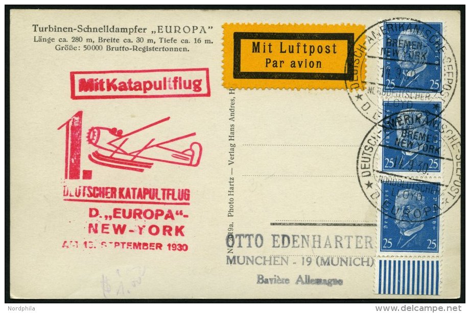 KATAPULTPOST 31b BRIEF, 15.9.1930, &amp;quot,Europa&amp;quot, - New York, Seepostaufgabe, Ansichtskarte Mit Der Europa, - Lettres & Documents