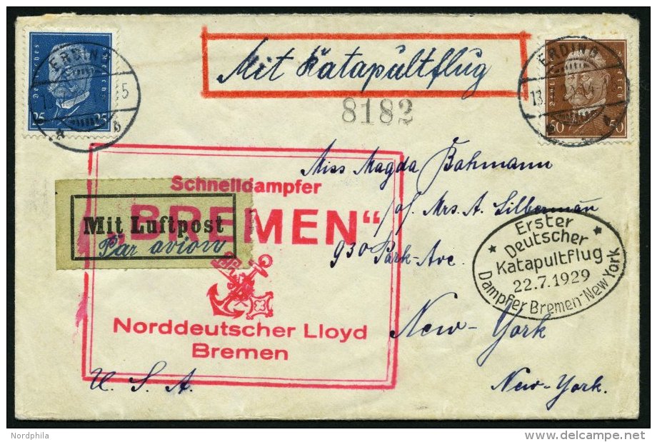 KATAPULTPOST 1a BRIEF, 22.7.1929, &amp;quot,Bremen&amp;quot, - New York, Landpostaufgabe, Prachtbrief - Lettres & Documents