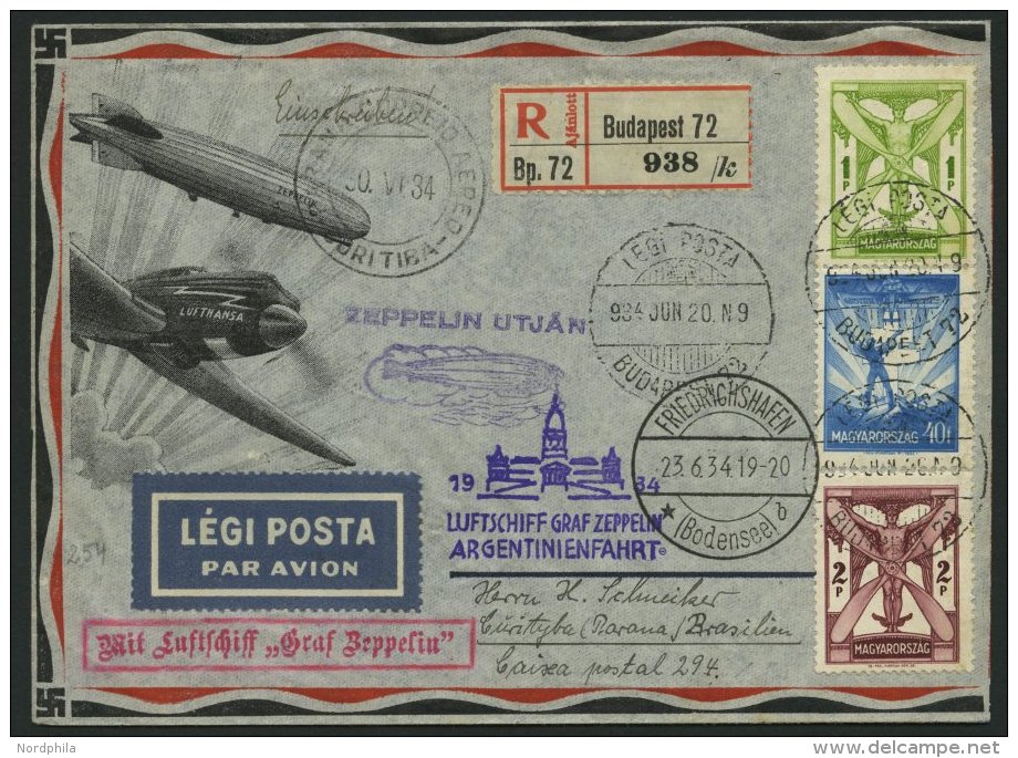 ZULEITUNGSPOST 254 BRIEF, Ungarn: 1934, 3. Südamerikafahrt, Einschreibbrief, Pracht - Zeppelins