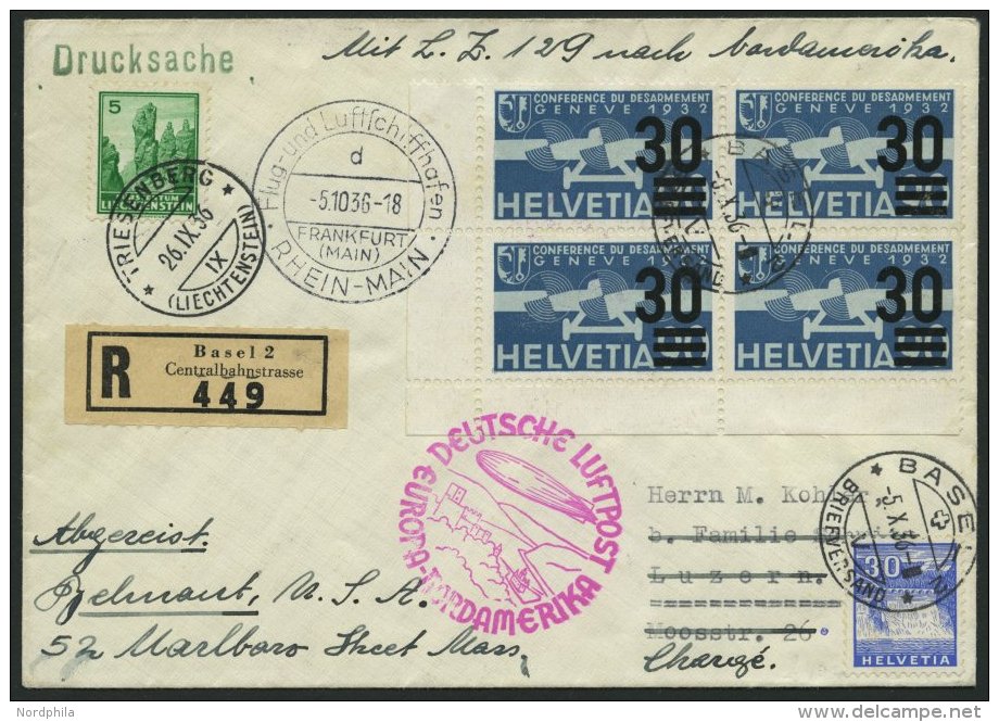 ZULEITUNGSPOST 441 BRIEF, Schweiz: 1936, 10. Nordamerikafahrt, Mit Beifrankatur Von Liechtenstein, Einschreibbrief, Prac - Zeppelins