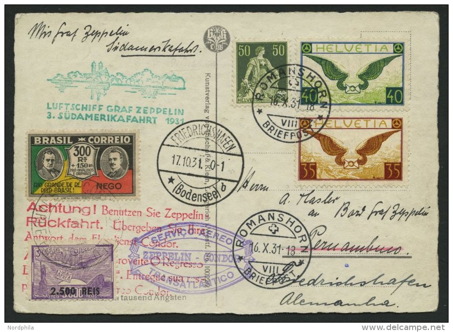 ZULEITUNGSPOST 133D BRIEF, Schweiz: 1931, 3. Südamerikafahrt, Hin- Und Rückfahrt Mit Zusätzlicher Brasili - Zeppelins