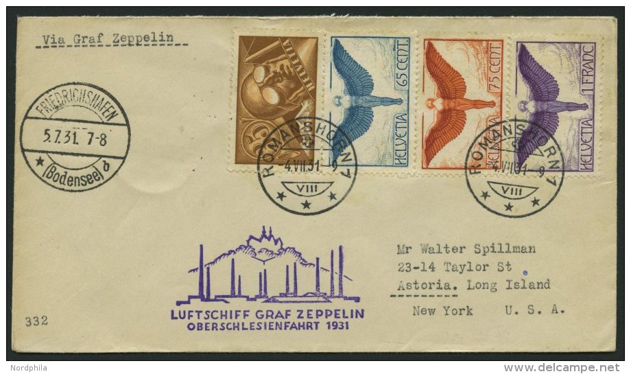 ZULEITUNGSPOST 115 BRIEF, Schweiz: 1931, Oberschlesienfahrt, Prachtbrief Nach New York - Zeppelins