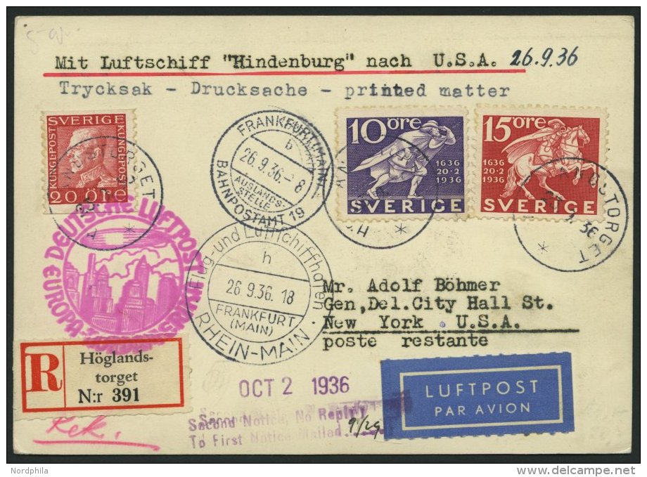 ZULEITUNGSPOST 439 BRIEF, Schweden: 1936, 9. Nordamerikafahrt, Einschreibkarte, Pracht - Zeppelins