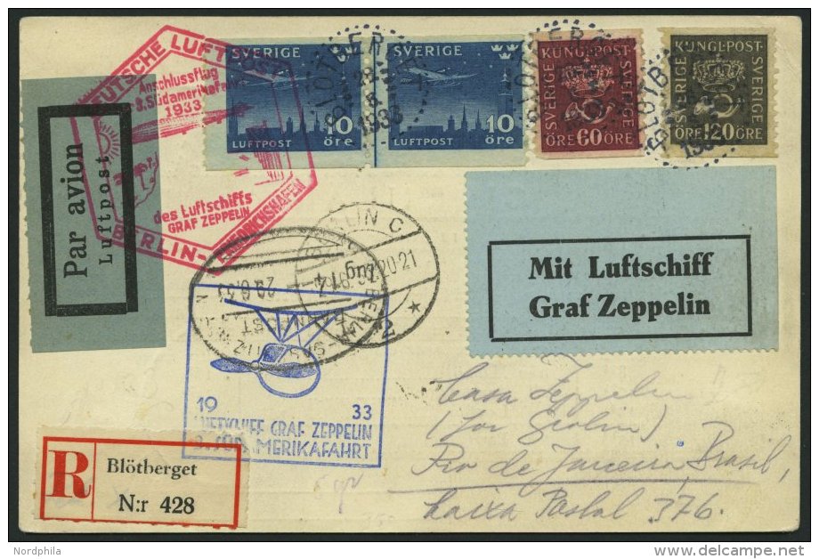 ZULEITUNGSPOST 219B BRIEF, Schweden: 1933, 3. Südamerikafahrt, Anschlußflug Ab Berlin, Einschreibkarte, Prach - Zeppelins