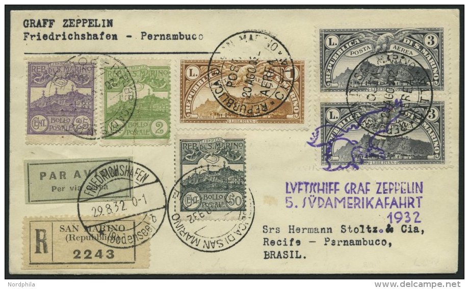 ZULEITUNGSPOST 171 BRIEF, San Marino: 1932, 5. Südamerikafahrt, Einschreibbrief, Pracht - Zeppelins