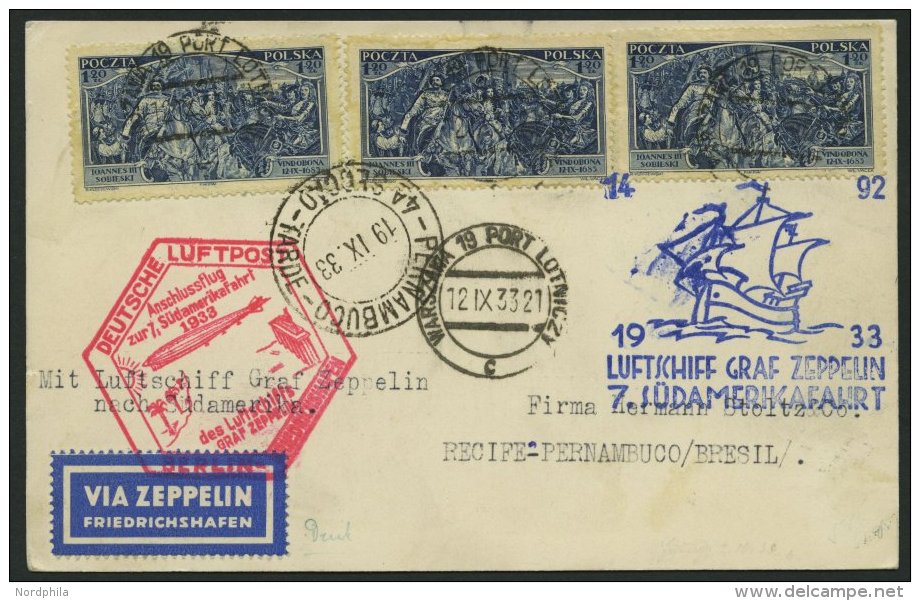 ZULEITUNGSPOST 232B BRIEF, Polen: 1933, 7. Südamerikafahrt, Prachtkarte - Zeppelins
