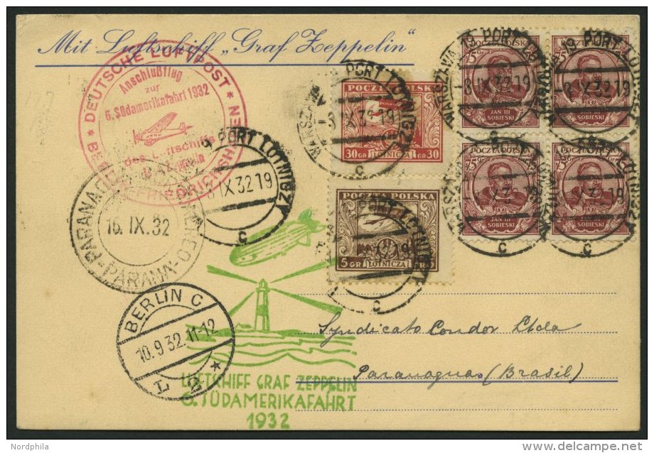 ZULEITUNGSPOST 177B BRIEF, Polen: 1932, 6. Südamerikafahrt, Anschlußflug Ab Berlin, Prachtkarte - Zeppelins