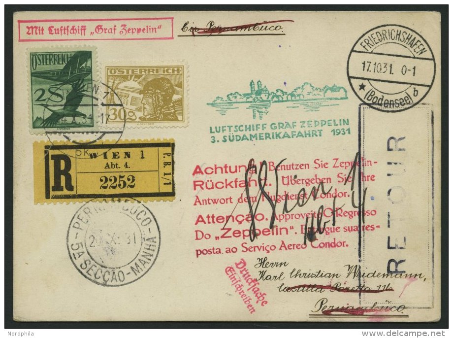 ZULEITUNGSPOST 133 BRIEF, Österreich: 1931, 3. Südamerikafahrt, Mit Rotem Werbestempel, Prachtkarte - Zeppelins