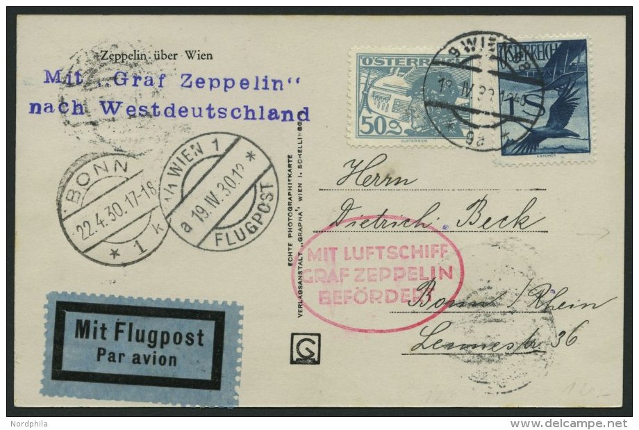 ZULEITUNGSPOST 54 BRIEF, Österreich: 1930, Landungsfahrt Nach Bonn, Prachtkarte - Zeppelin