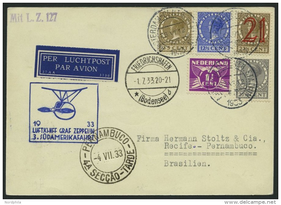 ZULEITUNGSPOST 219 BRIEF, Niederlande: 1933, 3. Südamerikafahrt, Prachtbrief - Zeppelin