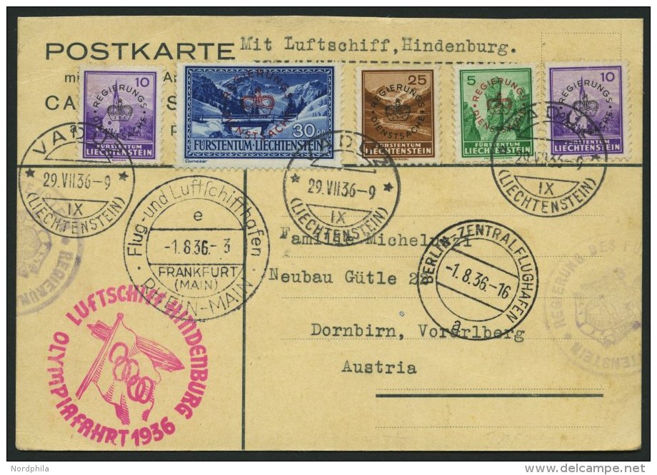 ZULEITUNGSPOST 427 BRIEF, Liechtenstein: 1936, Olympiafahrt, Mit Dienstmarken-Frankatur, Prachtkarte Nach Österreic - Zeppelin