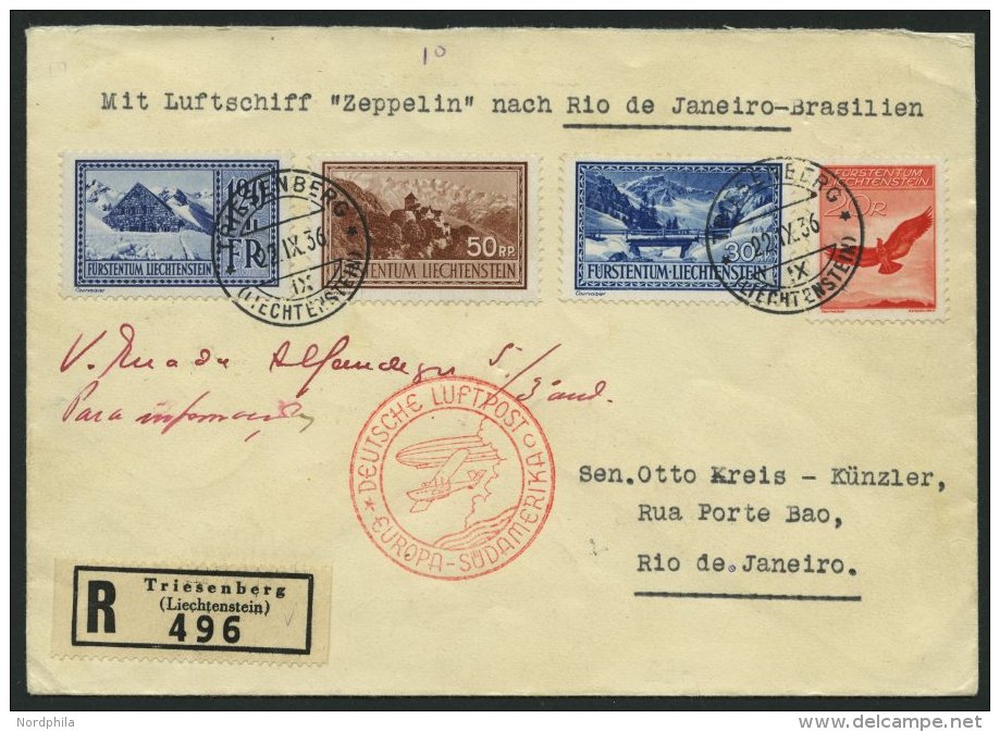 ZULEITUNGSPOST 369 BRIEF, Liechtenstein: 1936, 14 Südamerikafahrt, Einschreibbrief, Pracht - Zeppelins