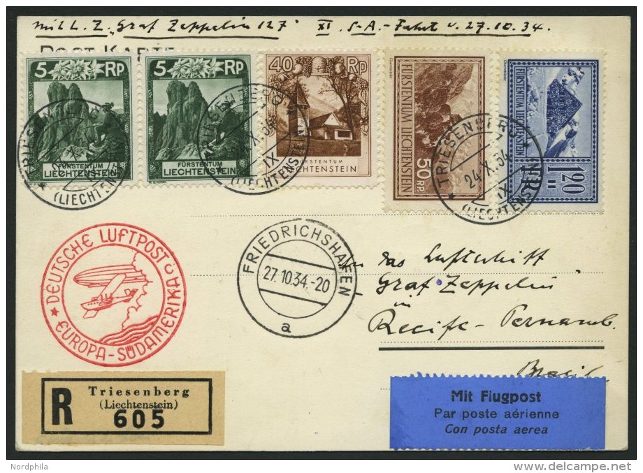 ZULEITUNGSPOST 283 BRIEF, Liechtenstein: 1934, 11. Südamerikafahrt, Einschreibkarte, Pracht - Zeppelin