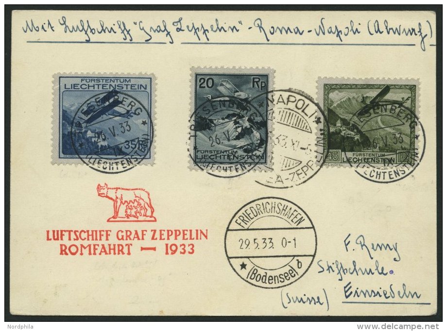 ZULEITUNGSPOST 207D BRIEF, Liechtenstein: 1933, Italienfahrt, Abwurf Napoli!, Prachtkarte, R! - Zeppelins