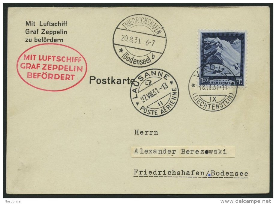 ZULEITUNGSPOST 123 BRIEF, Liechtenstein: 1931, Fahrt Nach Lausanne, Mit Einzelfrankatur Mi.Nr. 106A, Prachtkarte - Zeppelins