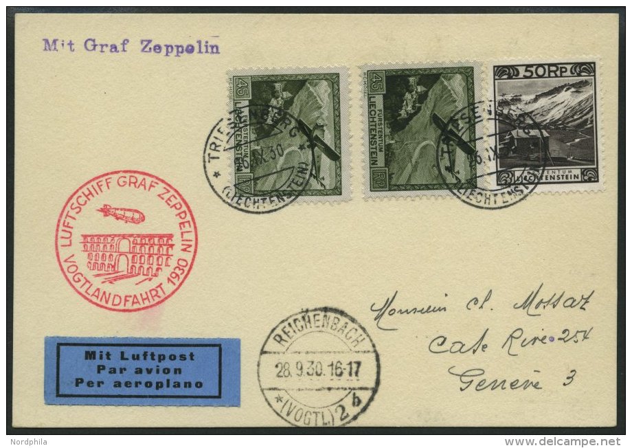 ZULEITUNGSPOST 90 BRIEF, Liechtenstein, 1930, Vogtlandfahrt, Prachtkarte - Zeppelins