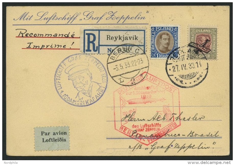 ZULEITUNGSPOST 202B BRIEF, Island: 1933, 1. Südamerikafahrt, Anschlußflug Ab Berlin, Einschreibkarte, Pracht - Zeppelins