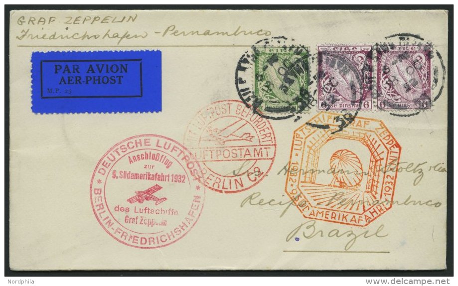 ZULEITUNGSPOST 195B BRIEF, Irand: 1932, 9. Südamerikafahrt, Anschlußflug Ab Berlin, Prachtbrief, Fotoattest S - Zeppelins