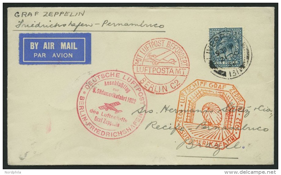 ZULEITUNGSPOST 195B BRIEF, Großbritannien: 1932, 9. Südamerikafahrt, Anschlußflug Ab Berlin, Prachtbrie - Zeppelins