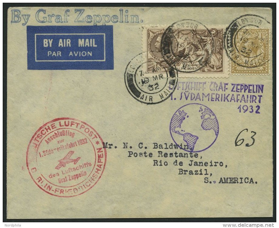 ZULEITUNGSPOST 138B BRIEF, Großbritannien: 1932, 1. Südamerikafahrt, Anschlußflug Ab Berlin, Prachtbrie - Zeppelins