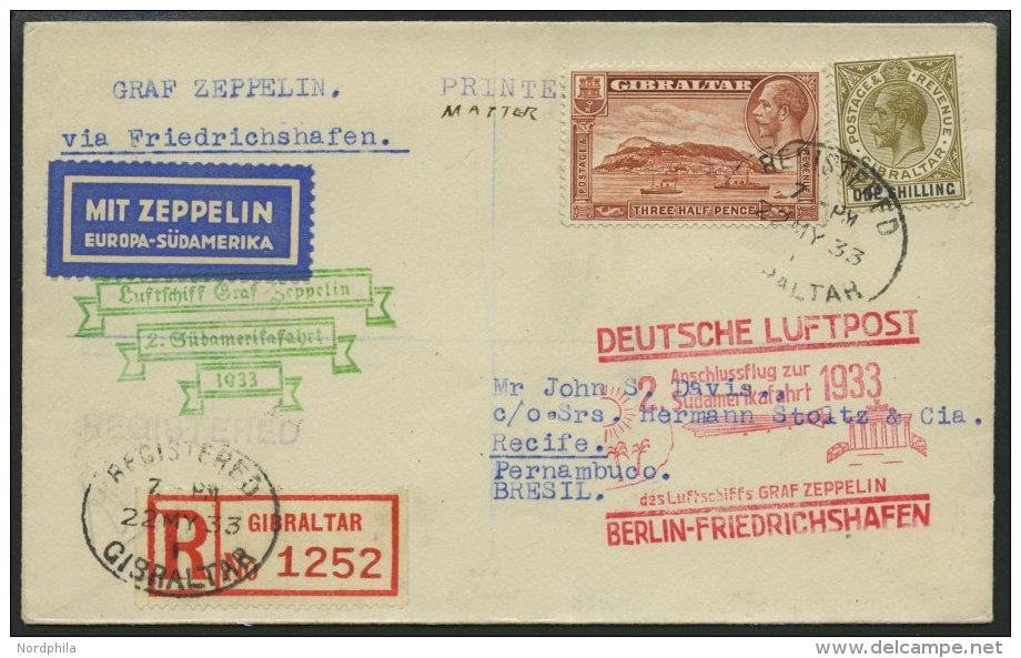 ZULEITUNGSPOST 214B BRIEF, Gibraltar: 1933, 2. Südamerikafahrt, Anschlußflug Ab Berlin, Einschreib-Drucksache - Zeppelins